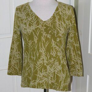 Chico's Moss Tan Bamboo Print Cotton Blend V-Neck Perfect Tee Sz 0 (US 6) B24